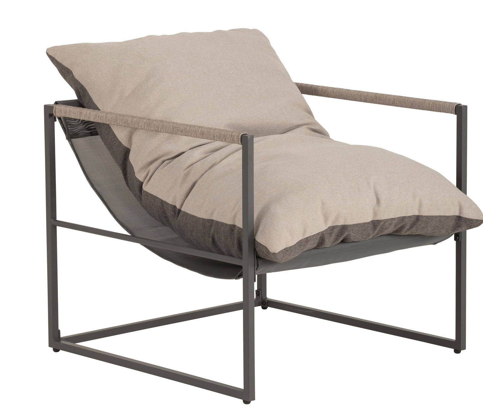 Amatio Lounge-Sessel MELINA Moderner Lounge-Sessel mit Metallrahmen und bequemen Kissen, seitliche Perspektive