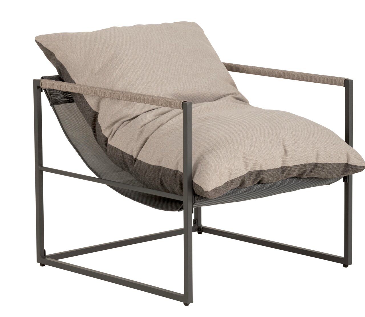 Moderner Lounge-Sessel mit Metallrahmen und bequemen Kissen, seitliche Perspektive