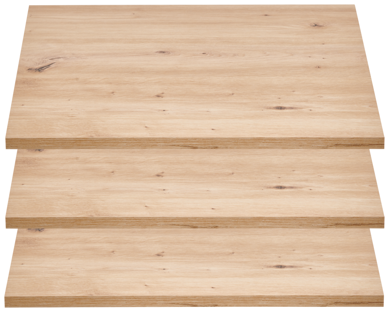 Drei übereinander gestapelte, breite Einlegeböden aus hellem Holz mit natürlicher Maserung, von vorne betrachtet.