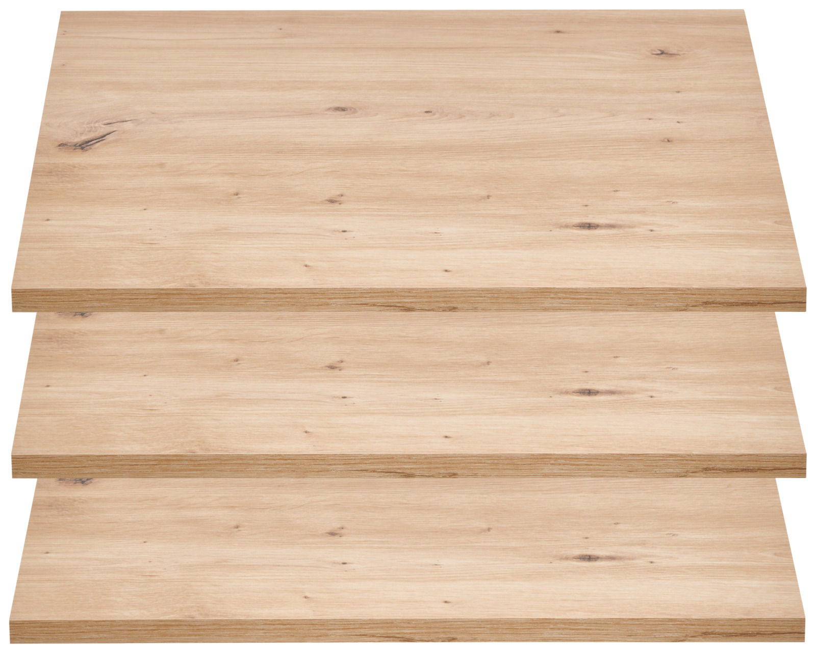 Voleo 3er-Set Einlegeböden breit EDRA Drei übereinander gestapelte, breite Einlegeböden aus hellem Holz mit natürlicher Maserung, von vorne betrachtet.