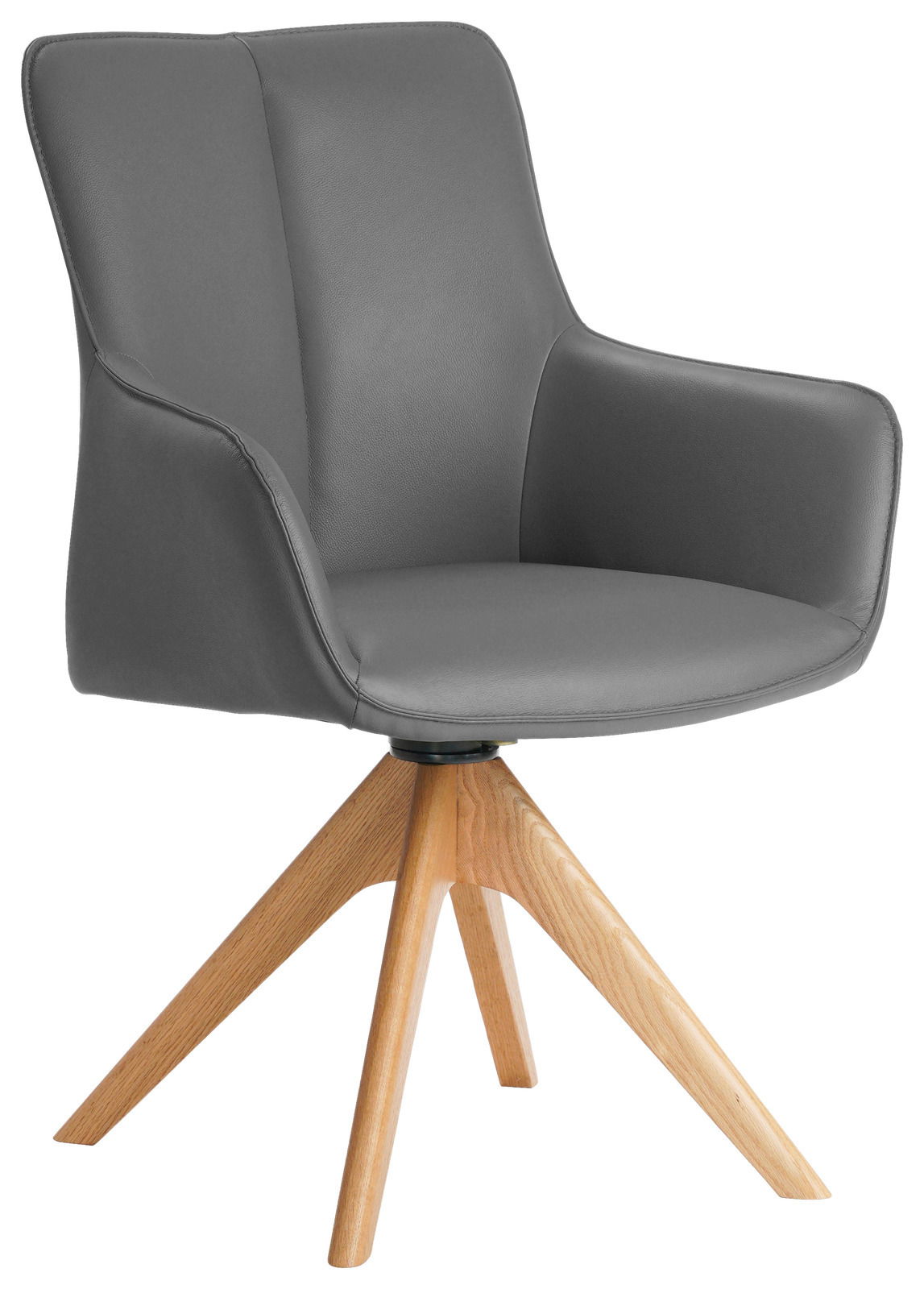 Grauer Armlehnstuhl mit Holzbeinen, seitliche Perspektive