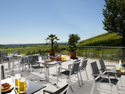 Moderner Gartentisch auf einer Terrasse mit Blick auf eine grüne Landschaft, umgeben von Stühlen und dekoriert mit Getränken und Snacks.