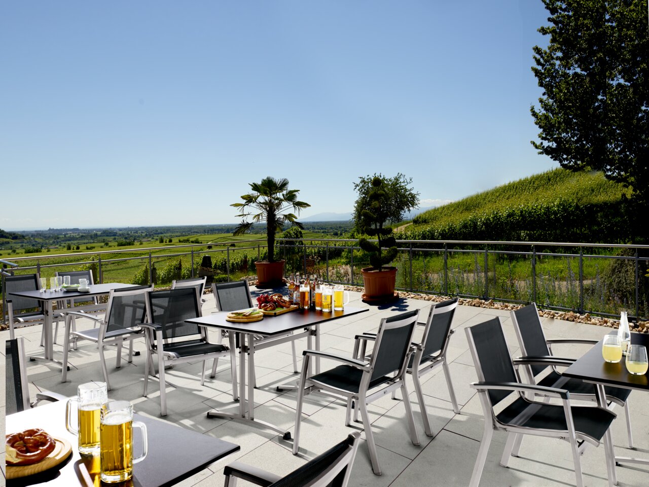 Moderner Gartentisch auf einer Terrasse mit Blick auf eine grüne Landschaft, umgeben von Stühlen und dekoriert mit Getränken und Snacks.