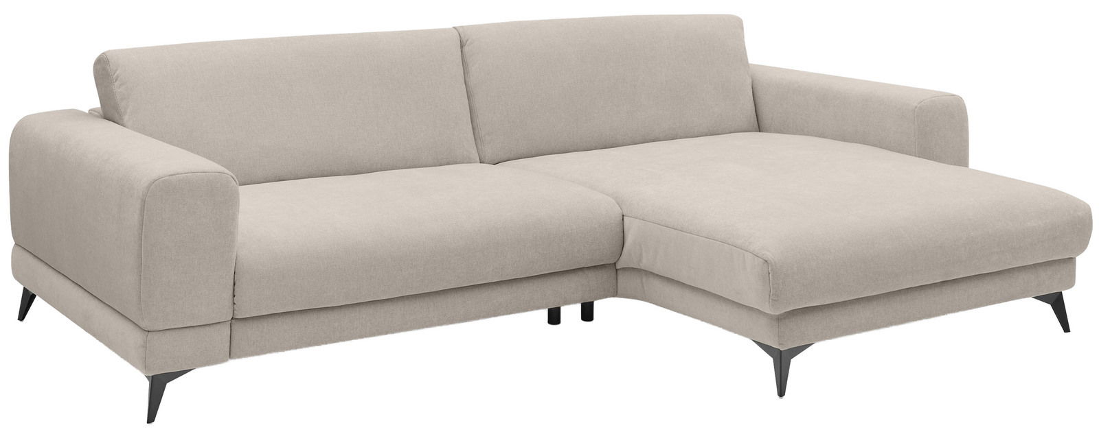 Beige Ecksofa mit modernem Design, abgebildet aus einer leicht seitlichen Perspektive.