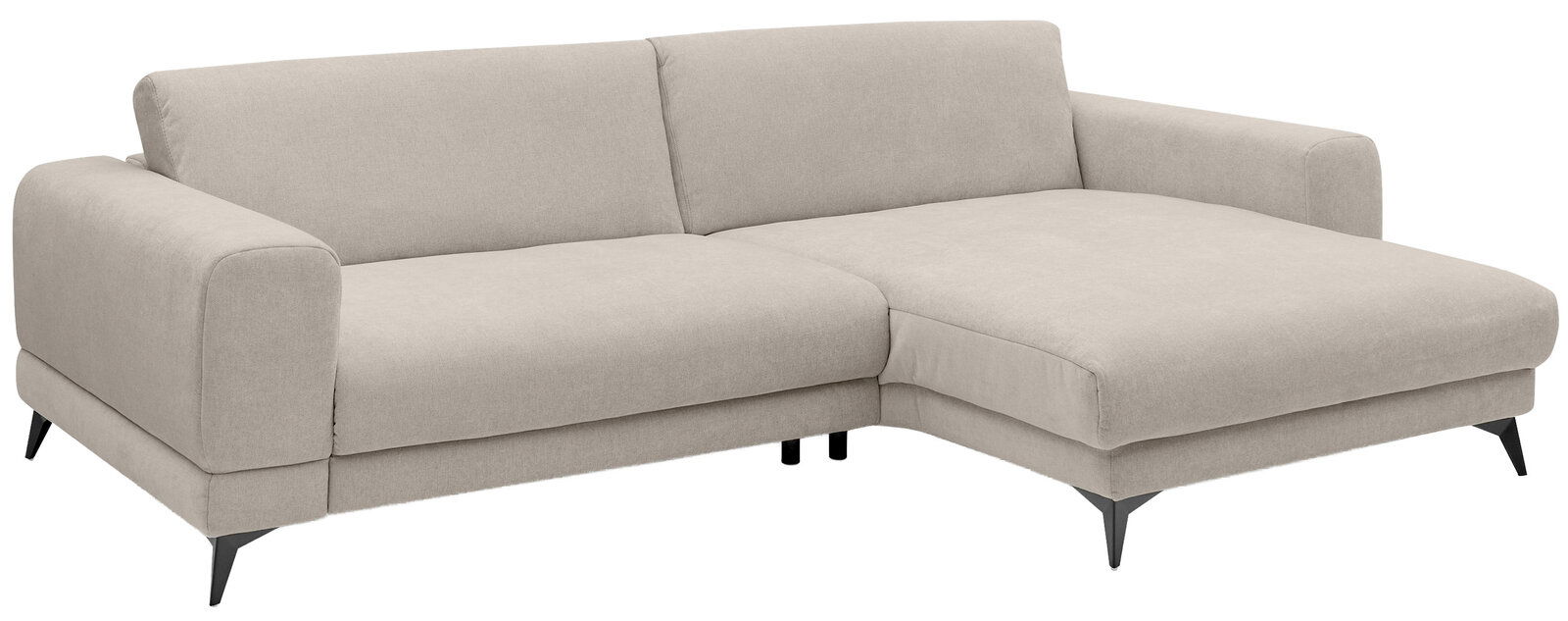 Beige Ecksofa mit modernem Design, abgebildet aus einer leicht seitlichen Perspektive.