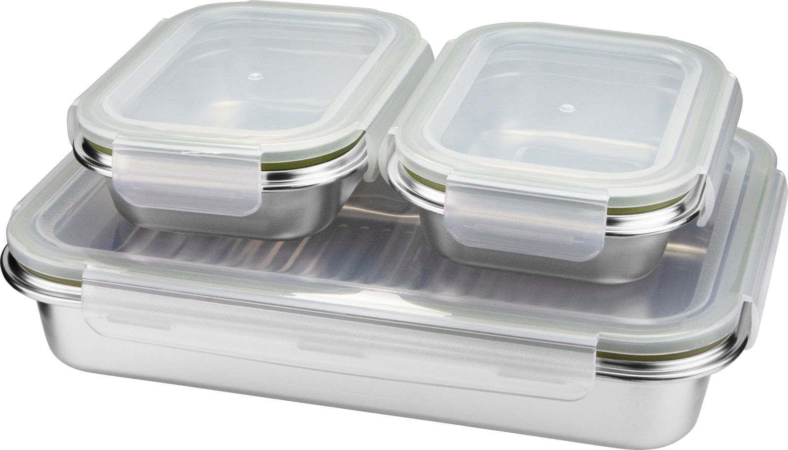 Dreiteiliges Vorratsdosenset aus Edelstahl mit transparenten Deckeln, Ansicht von oben
