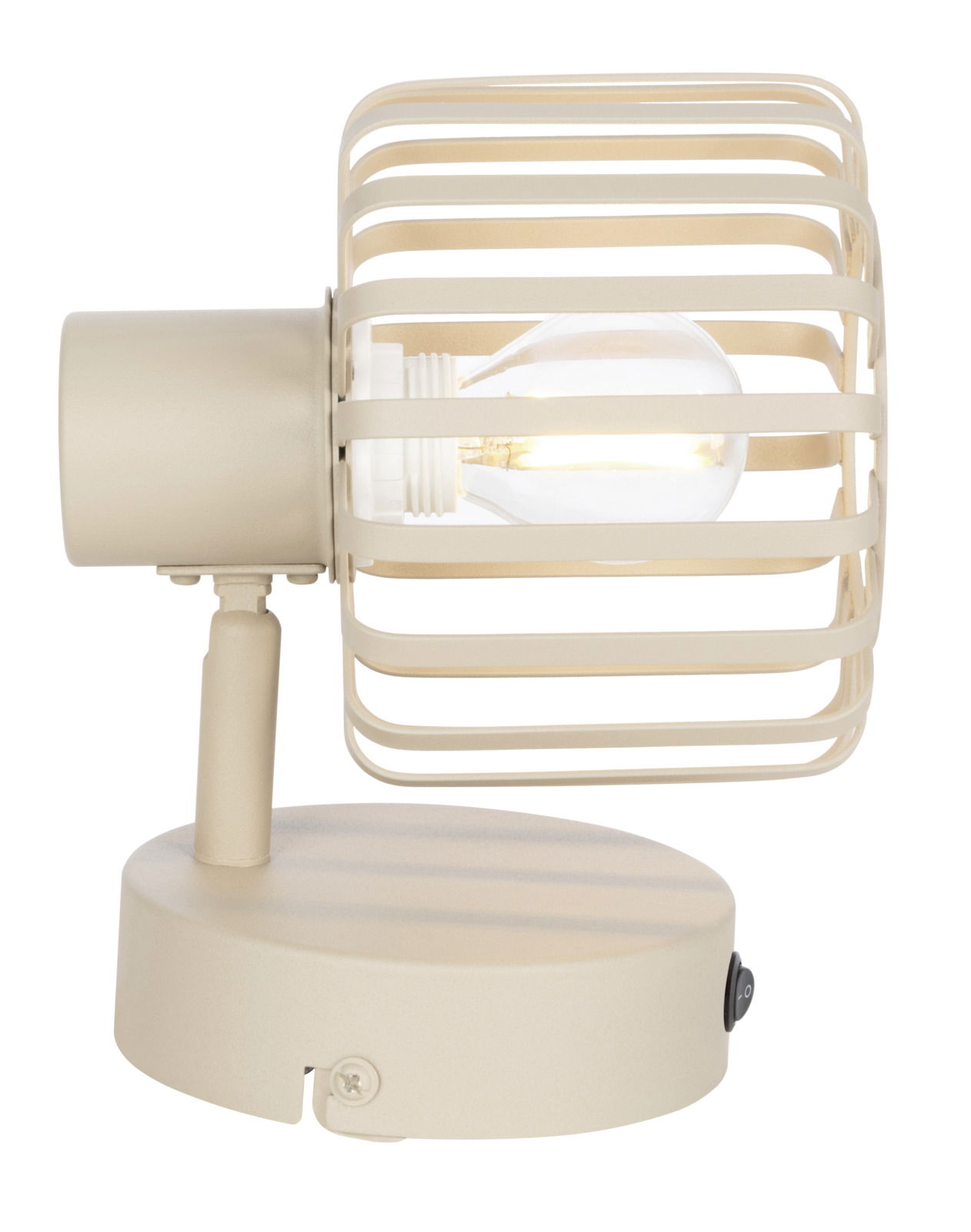 Seitliche Ansicht eines beigen Strahlers mit sichtbarer Glühbirne und Gitterdesign.