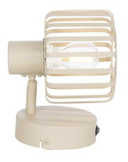 Seitliche Ansicht eines beigen Strahlers mit sichtbarer Glühbirne und Gitterdesign.