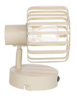 Seitliche Ansicht eines beigen Strahlers mit sichtbarer Glühbirne und Gitterdesign.