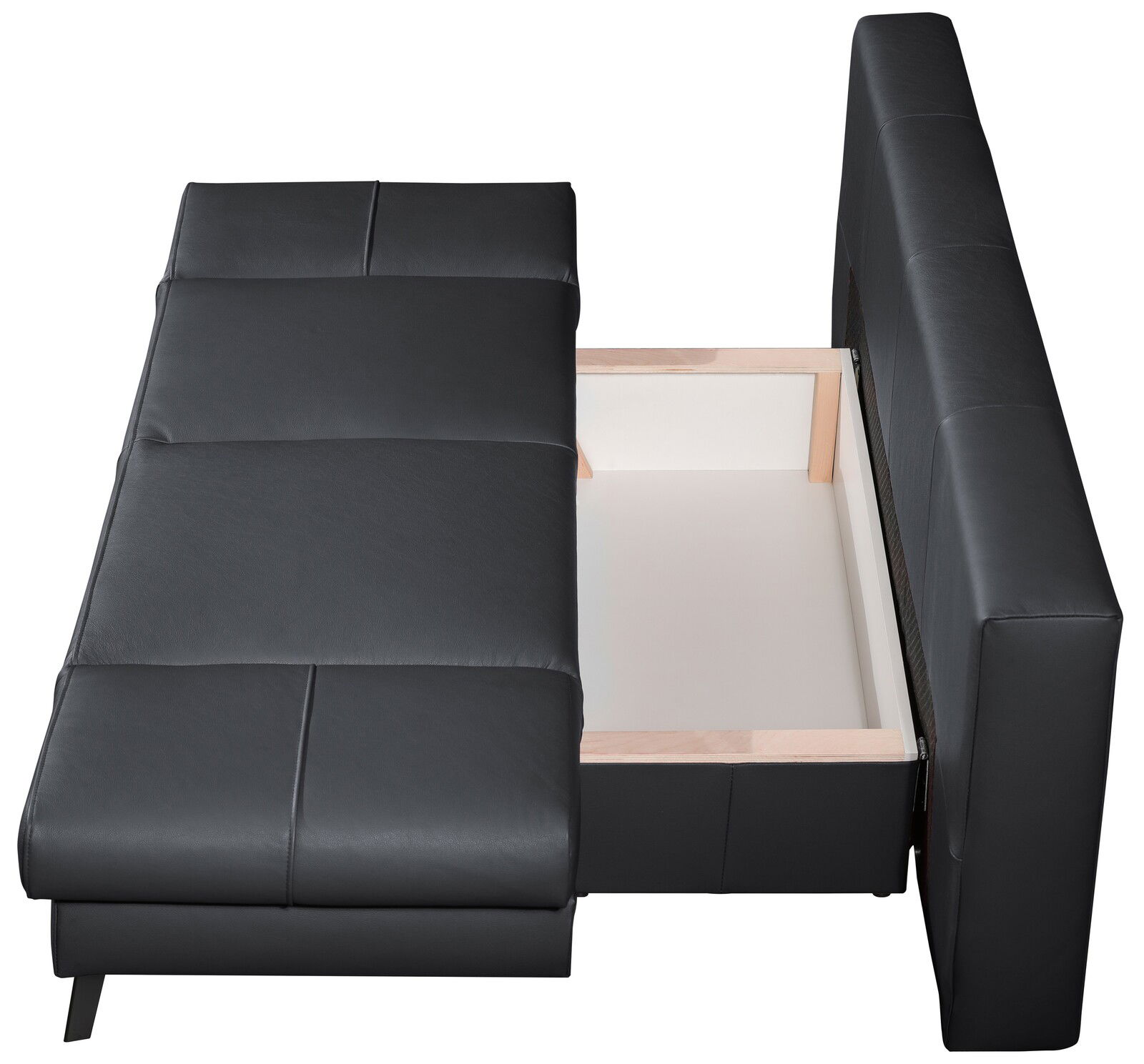 Schwarzer Querschläfer-Sofa mit ausgezogenem Bettkasten, Ansicht von oben.