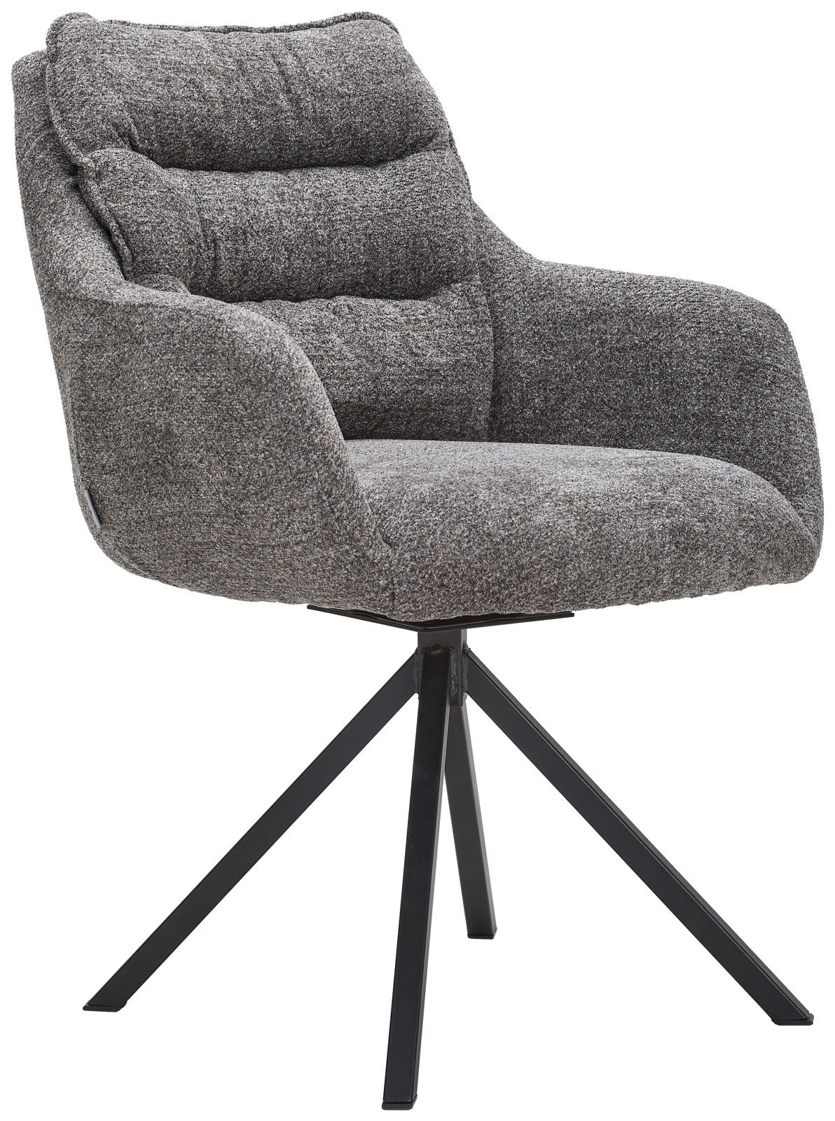 Grauer Armlehnstuhl mit gepolstertem Sitz und Rückenlehne, auf schwarzem Metallgestell, seitliche Perspektive