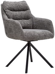 Grauer Armlehnstuhl mit gepolstertem Sitz und Rückenlehne, auf schwarzem Metallgestell, seitliche Perspektive