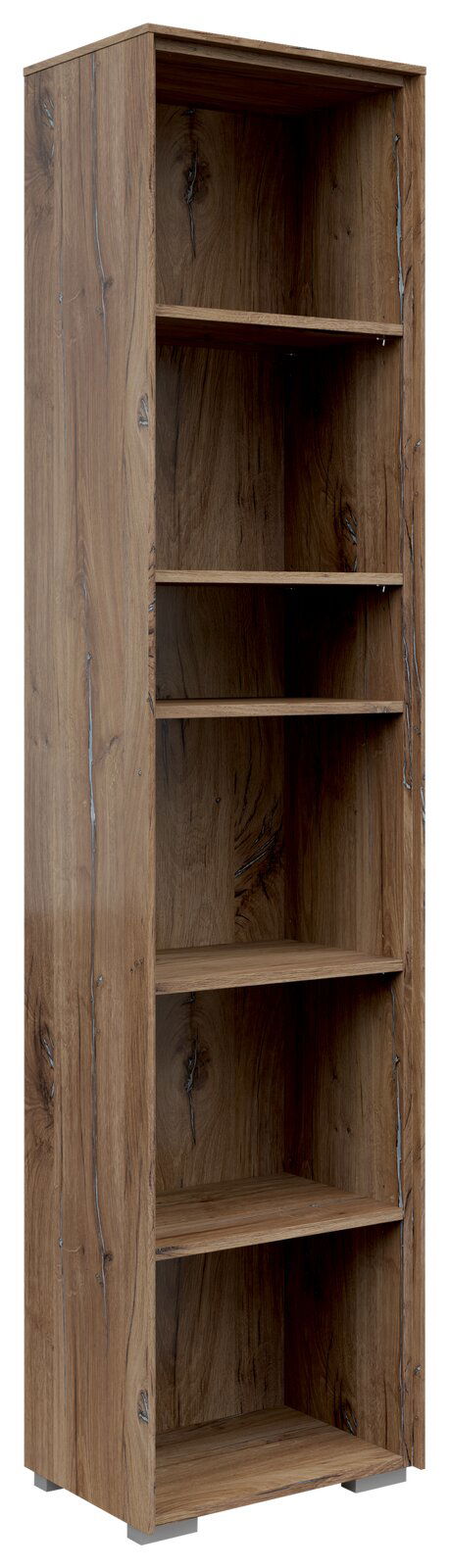 Schmales Aktenregal aus Holz mit fünf offenen Fächern, seitliche Perspektive