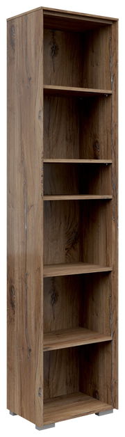 Schmales Aktenregal aus Holz mit fünf offenen Fächern, seitliche Perspektive