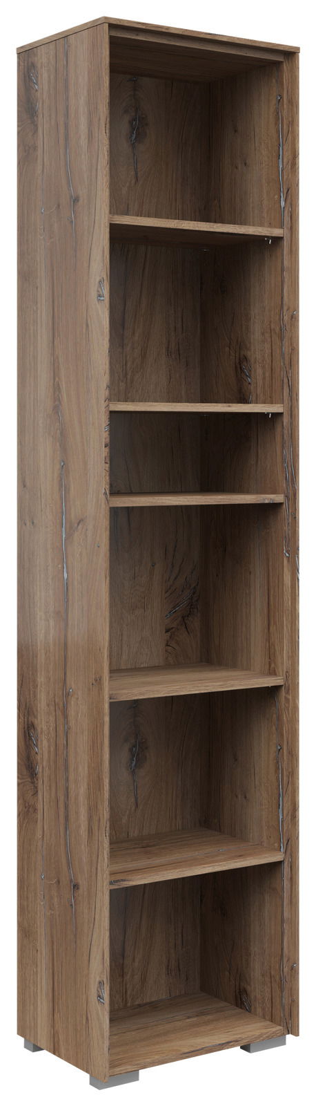 Schmales Aktenregal aus Holz mit fünf offenen Fächern, seitliche Perspektive