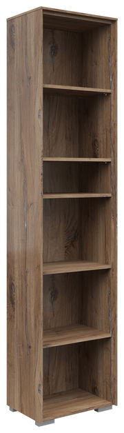 Schmales Aktenregal aus Holz mit fünf offenen Fächern, seitliche Perspektive