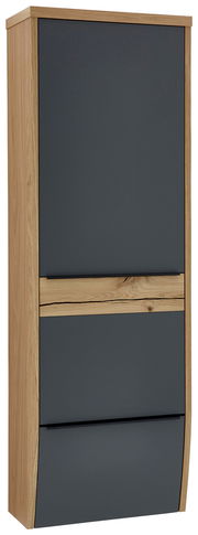 Moderner Hängegarderobenschrank in Holzoptik mit dunklen Fronten, seitliche Perspektive