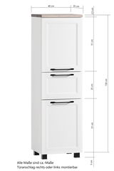 Weißer Midischrank mit drei Türen, schwarze Griffe, seitliche Perspektive, Maße angegeben.
