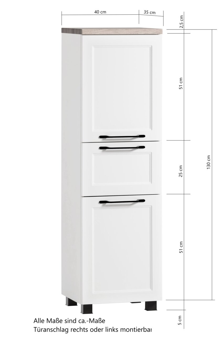 Weißer Midischrank mit drei Türen, schwarze Griffe, seitliche Perspektive, Maße angegeben.