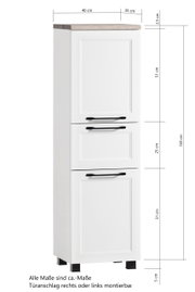 Weißer Midischrank mit drei Türen, schwarze Griffe, seitliche Perspektive, Maße angegeben.