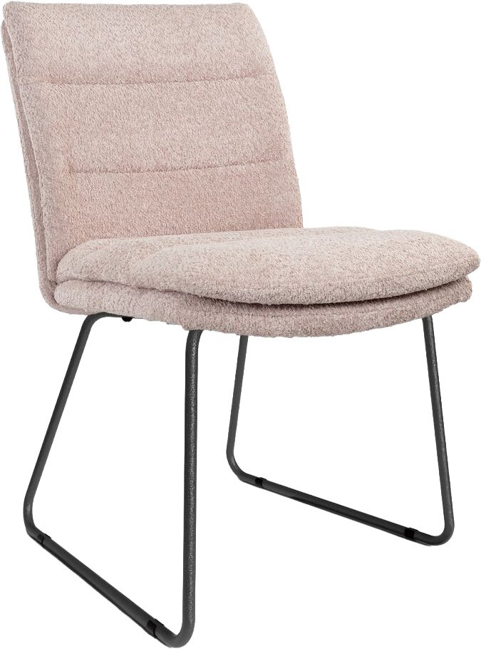Gepolsterter Esszimmerstuhl in Beige mit weichem Stoffbezug und schwarzem Metall-Kufengestell, schräg von vorne links fotografiert