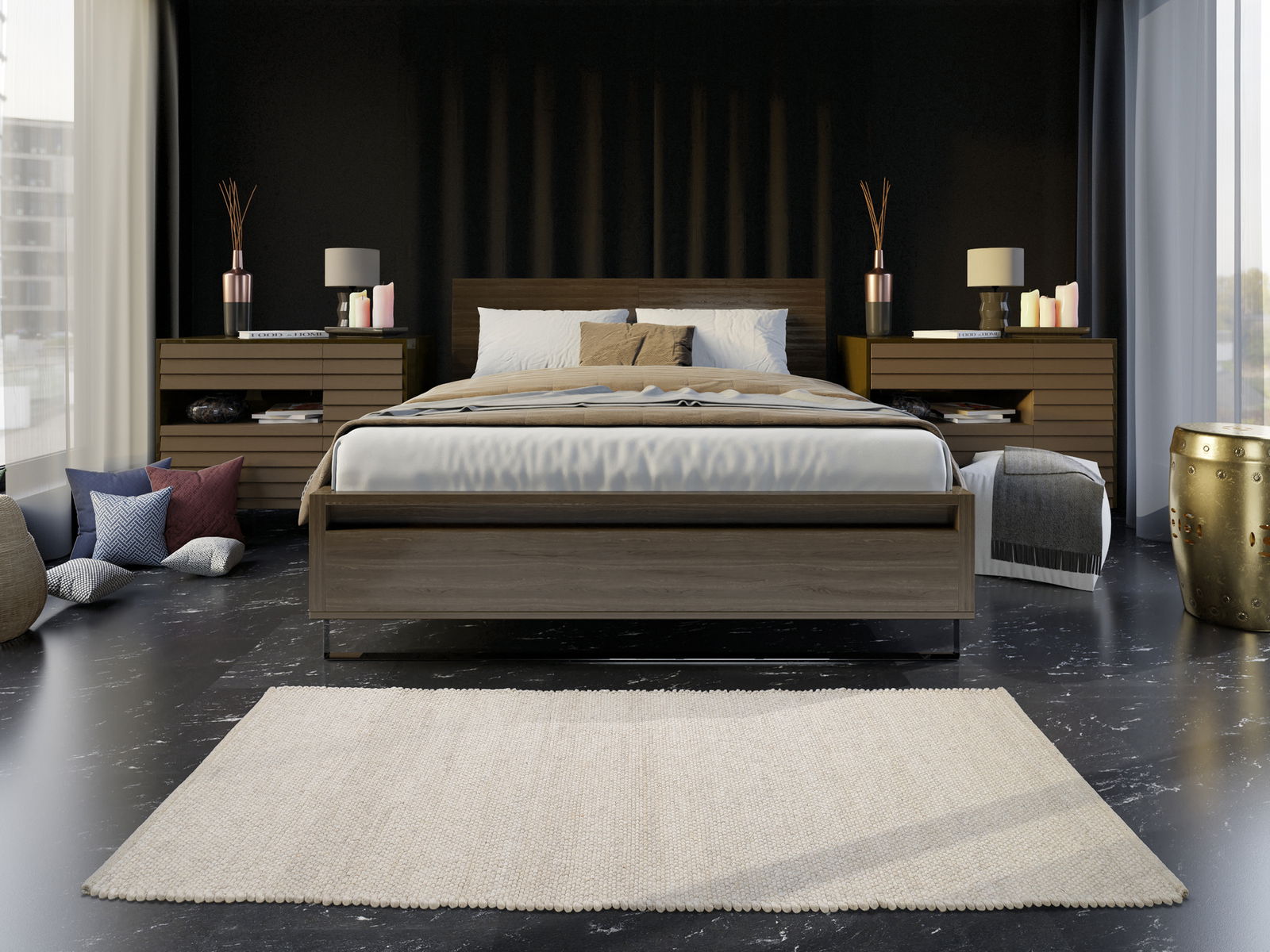OCI Handweb Teppich FAVORIT Handgewebter Teppich in einem modernen Schlafzimmer, frontal vor einem Bett platziert.