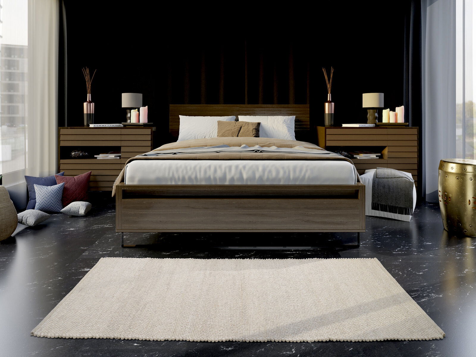 Handgewebter Teppich in einem modernen Schlafzimmer, frontal vor einem Bett platziert.