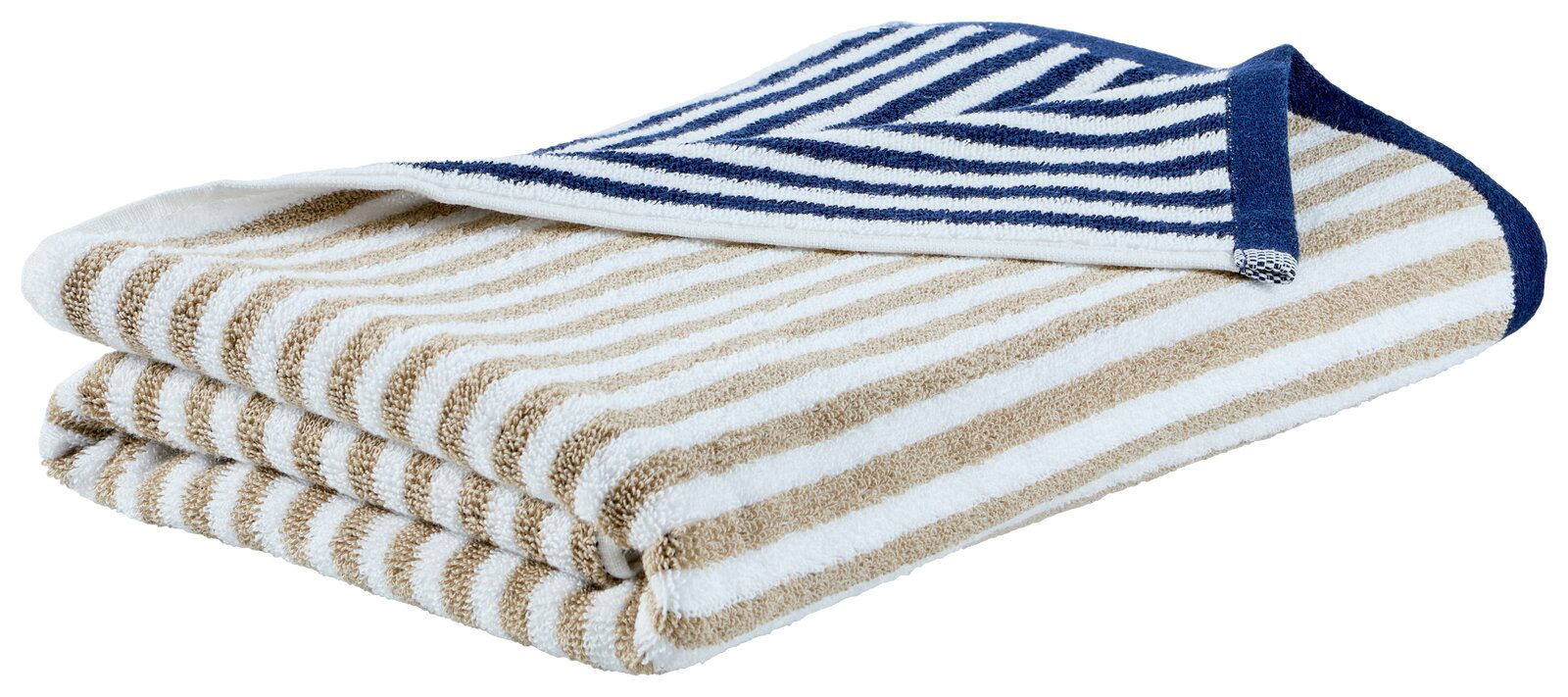 Gestreiftes Saunatuch in Beige und Blau, gefaltet, von der Seite fotografiert