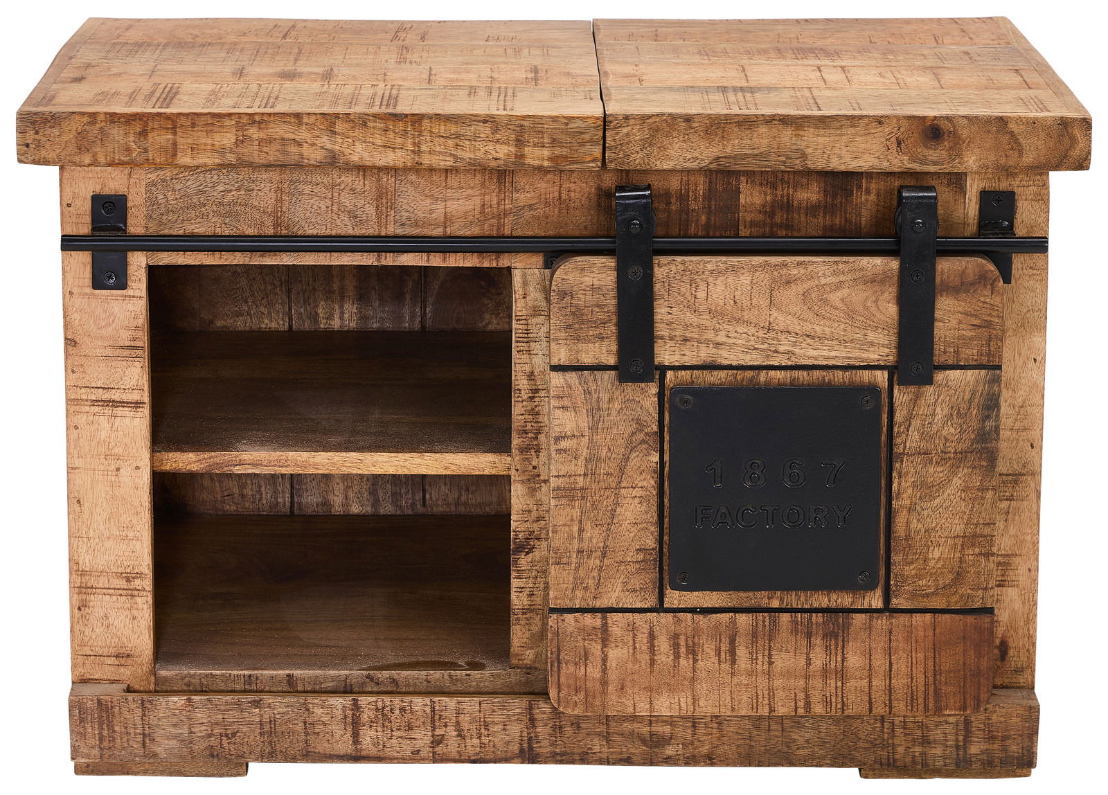 Rustikale Kommode aus Holz mit Schiebetür und Metallakzenten, Frontansicht