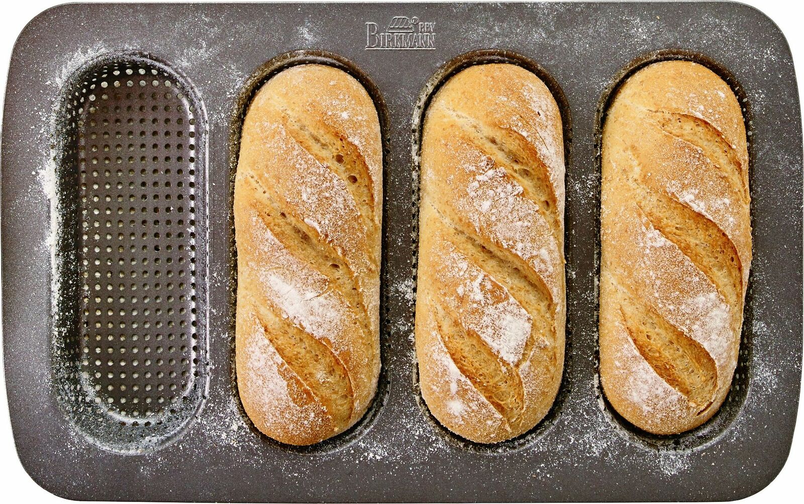 Mini-Baguetteblech mit drei gebackenen Baguettes, Draufsicht