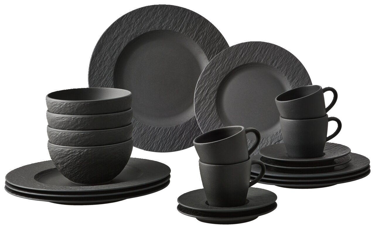 Villeroy & Boch Kombiservice 20-tlg. MANUFACTURE ROCK Schwarzes Geschirrset aus 20 Teilen mit einer modernen, strukturierten Oberfläche, bestehend aus Tellern, Schalen und Tassen, in einer frontalen Perspektive.