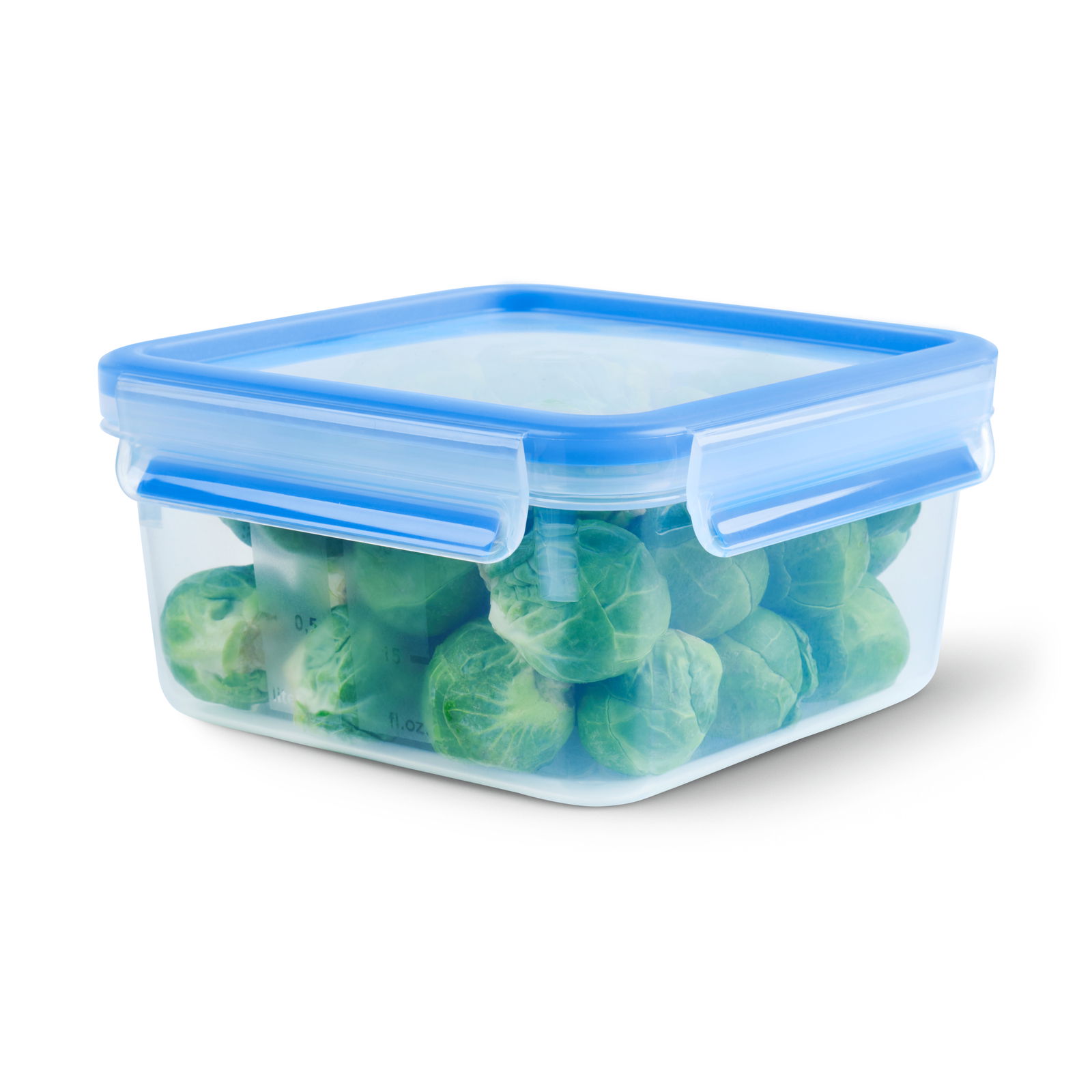 Transparente Frischhaltedose mit blauem Deckel, gefüllt mit Rosenkohl, aus seitlicher Perspektive.