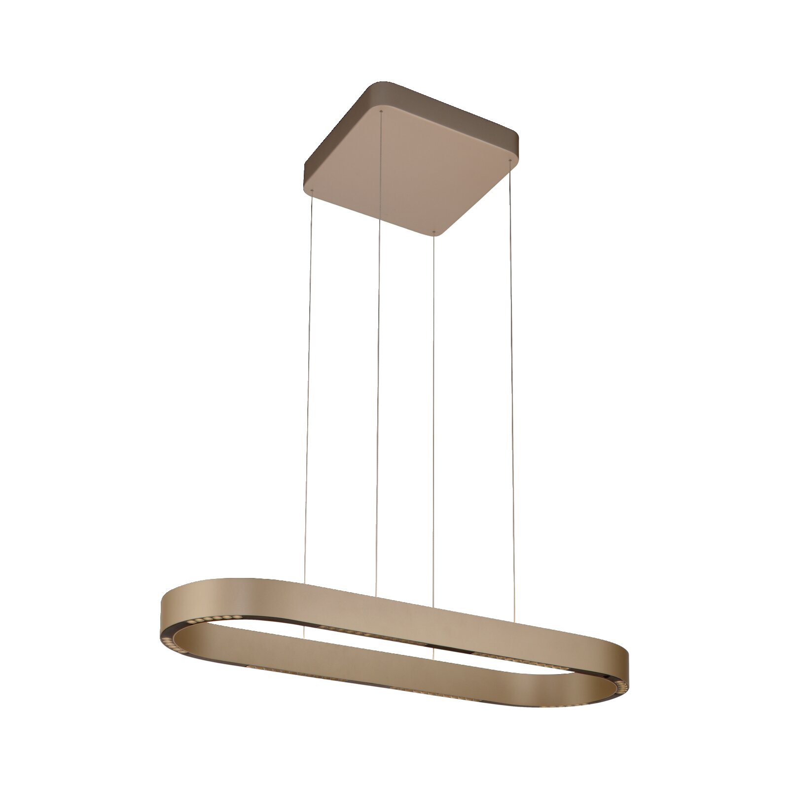 Moderne ovale LED-Pendelleuchte in Gold/Champagner mit vier Seilabhängungen und rechteckigem Deckenbaldachin, schräg von unten im 3/4-Winkel auf weißem Hintergrund