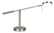 Moderne LED-Schreibtischleuchte aus Metall in seitlicher Ansicht mit rundem Lampenkopf und verstellbarem Arm.