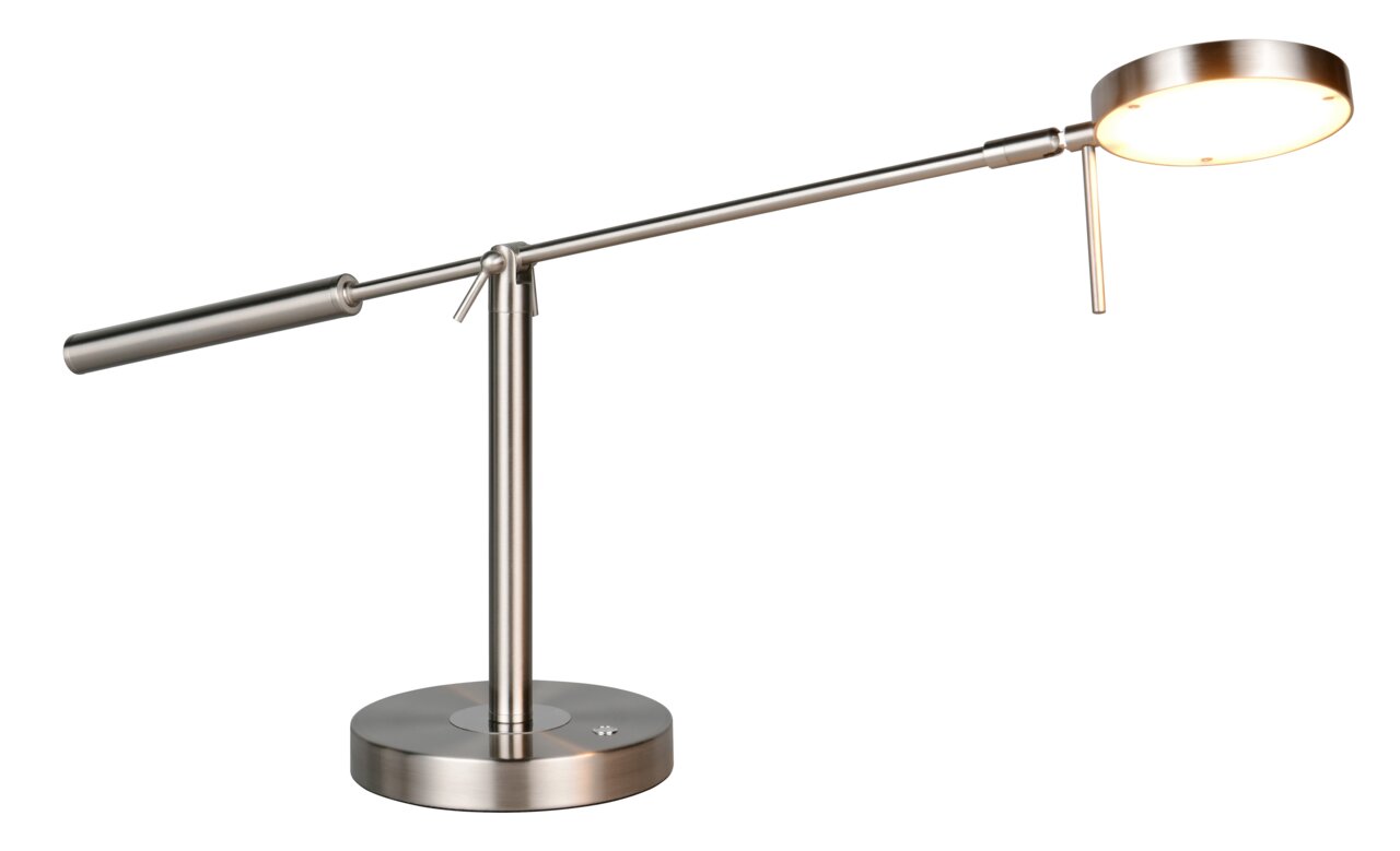 Moderne LED-Schreibtischleuchte aus Metall in seitlicher Ansicht mit rundem Lampenkopf und verstellbarem Arm.