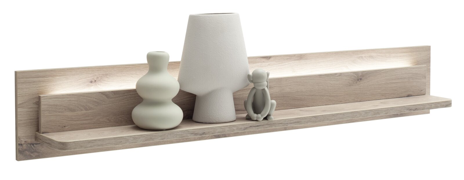 Wandboard aus Holz mit dekorativen Vasen und Figur, seitliche Perspektive