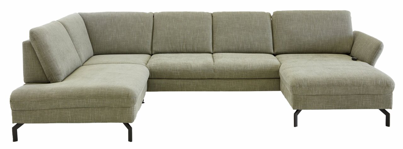 Grüne Polsterrundecke in L-Form mit modernen schwarzen Metallfüßen, Vorderansicht