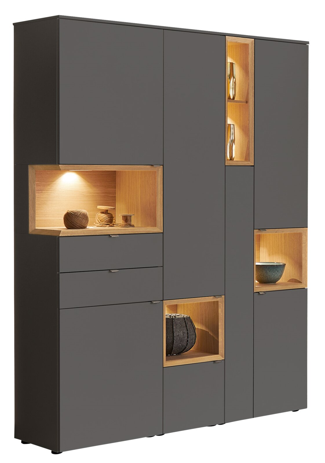 Venjakob Vitrine ANDIAMO HOME Moderne Vitrine mit grauen Türen und integrierter Beleuchtung, aus der Frontalperspektive fotografiert.