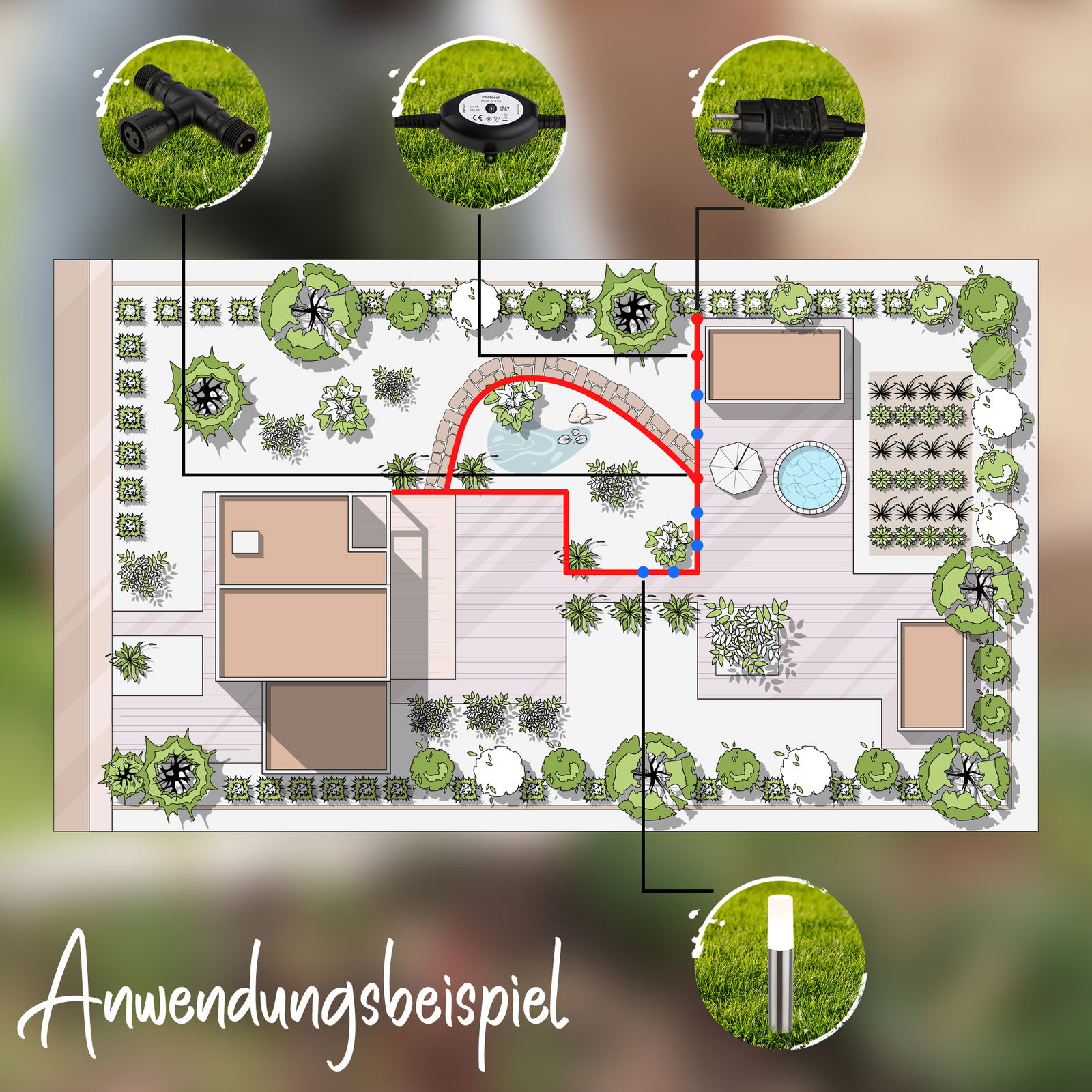Gartenplan mit Erdspieß-Starterset, Vogelperspektive, zeigt Verbindungen und Platzierung im Garten.