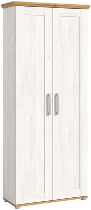 Moderner Garderobenschrank in Holzoptik mit zwei Türen, frontal abgebildet. Der Schrank hat eine helle Holzmaserung und silberne Griffe.