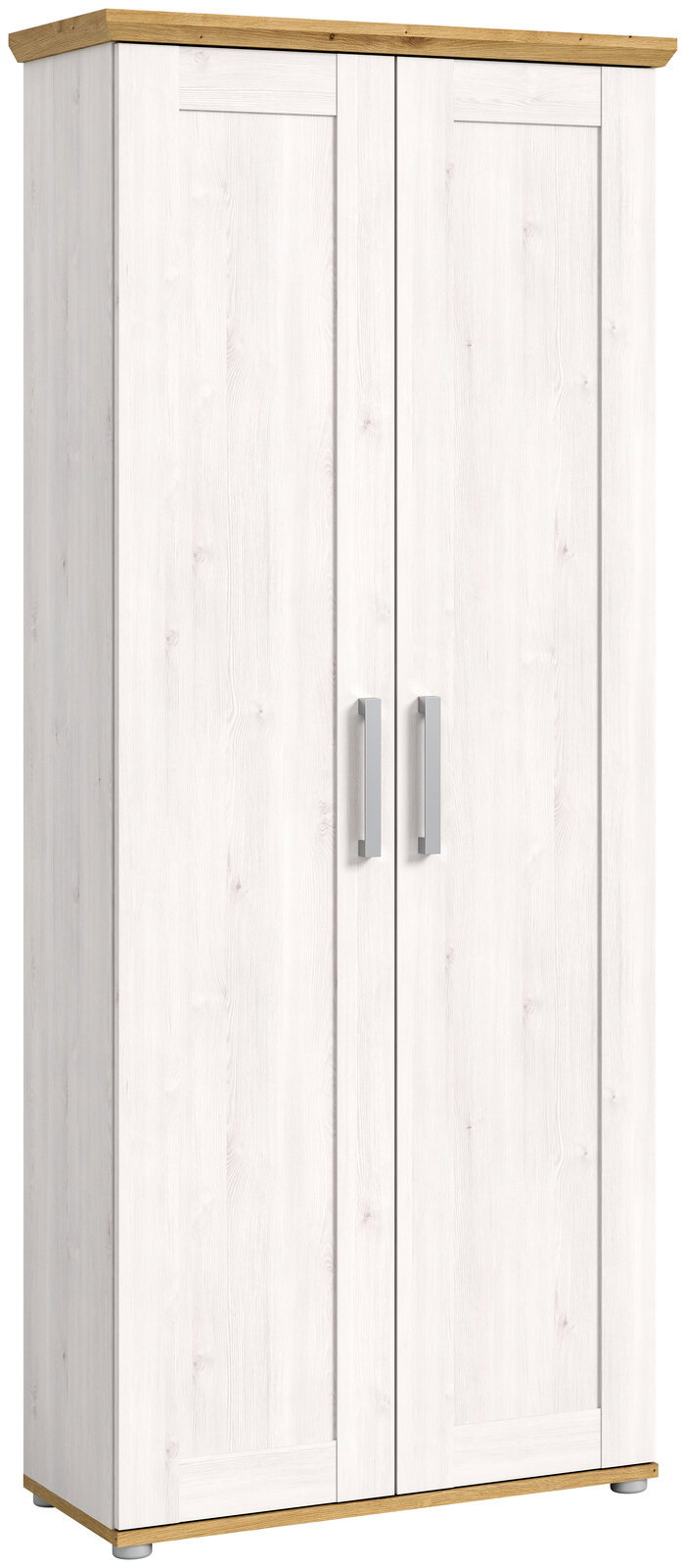 MID.YOU Garderobenschrank VERONA Moderner Garderobenschrank in Holzoptik mit zwei Türen, frontal abgebildet. Der Schrank hat eine helle Holzmaserung und silberne Griffe.