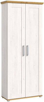 Moderner Garderobenschrank in Holzoptik mit zwei Türen, frontal abgebildet. Der Schrank hat eine helle Holzmaserung und silberne Griffe.