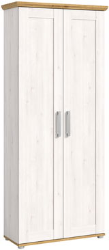 Moderner Garderobenschrank in Holzoptik mit zwei Türen, frontal abgebildet. Der Schrank hat eine helle Holzmaserung und silberne Griffe.