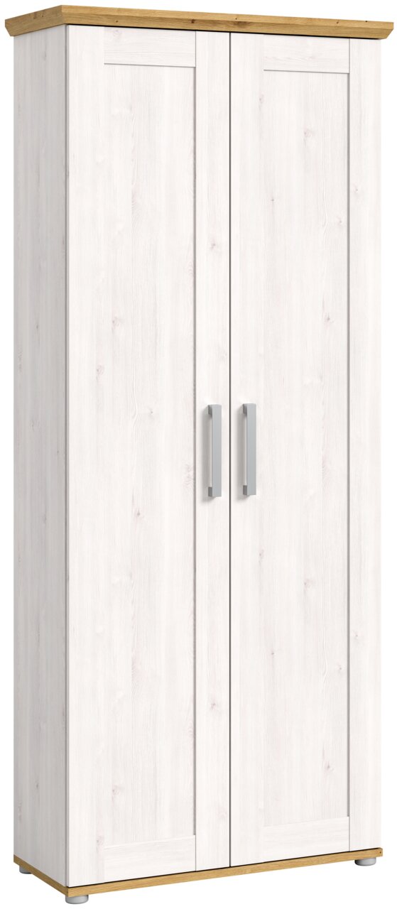 Moderner Garderobenschrank in Holzoptik mit zwei Türen, frontal abgebildet. Der Schrank hat eine helle Holzmaserung und silberne Griffe.