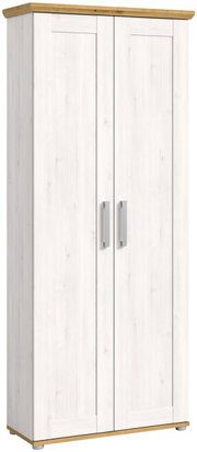Moderner Garderobenschrank in Holzoptik mit zwei Türen, frontal abgebildet. Der Schrank hat eine helle Holzmaserung und silberne Griffe.