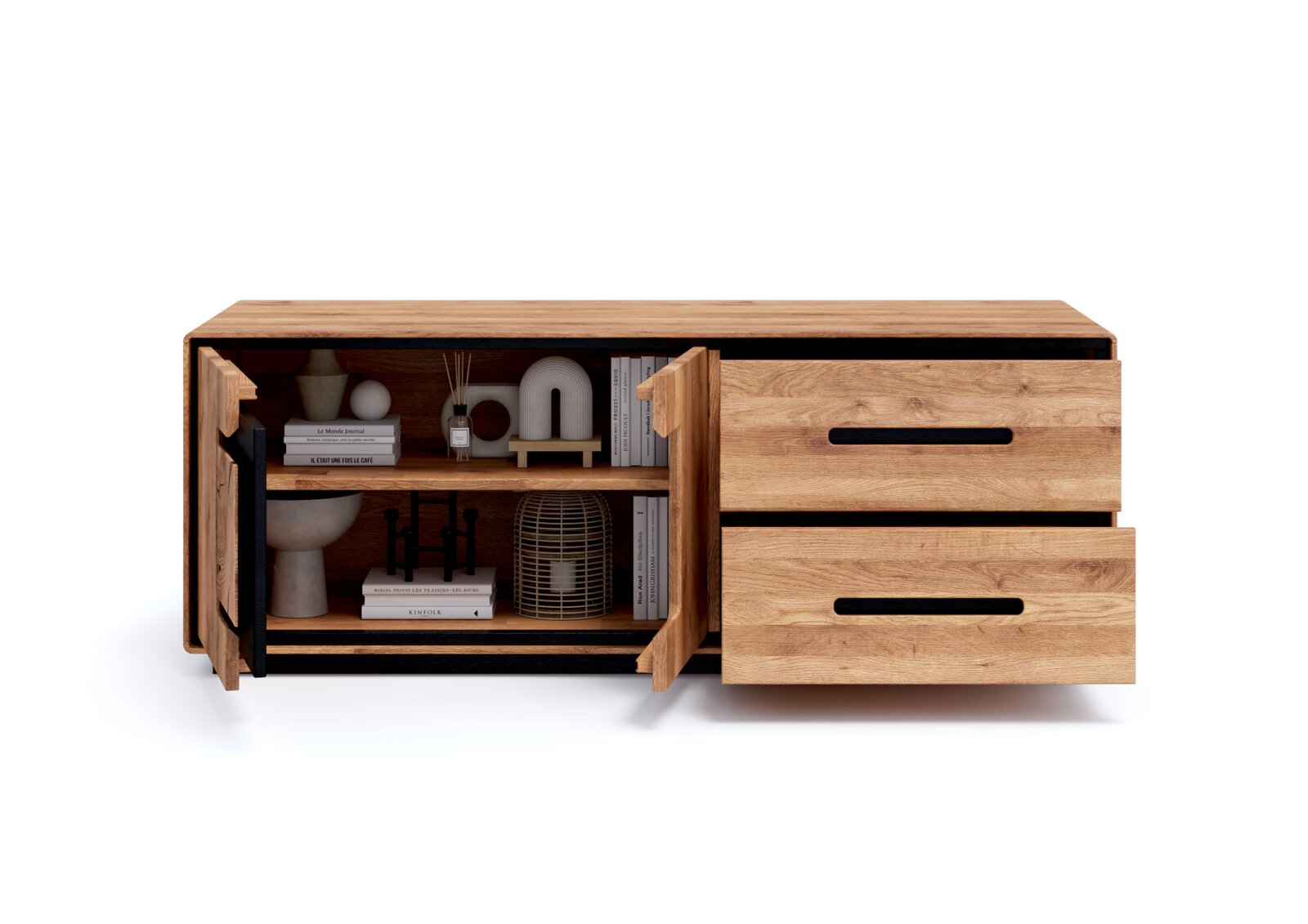 Houten dressoir/lowboard met zwart metalen frame, links open vakken en rechts twee lades met zwarte verzonken handgrepen; hier te zien in een licht vooraanzicht met geopende deuren en lades.