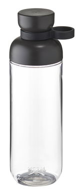 Transparente Trinkflasche mit schwarzem Deckel und Trageschlaufe, seitliche Ansicht