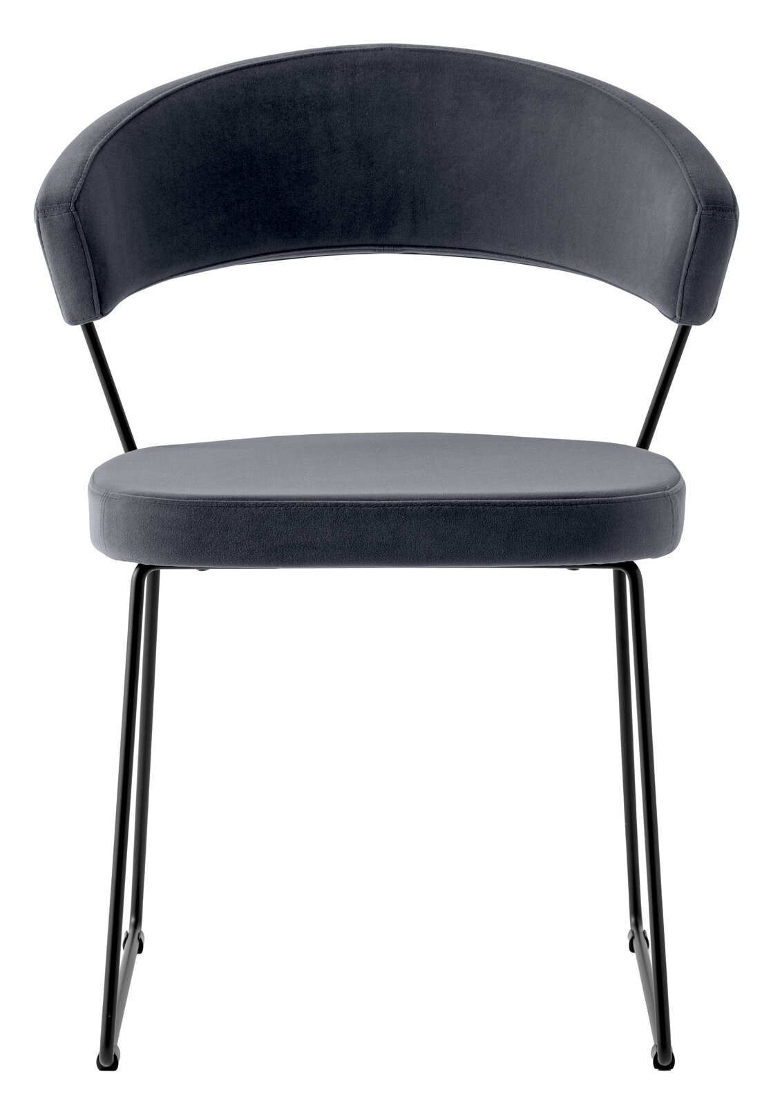 Moderner Stuhl mit schwarzem Metallgestell und grauem Polstersitz, Frontalansicht