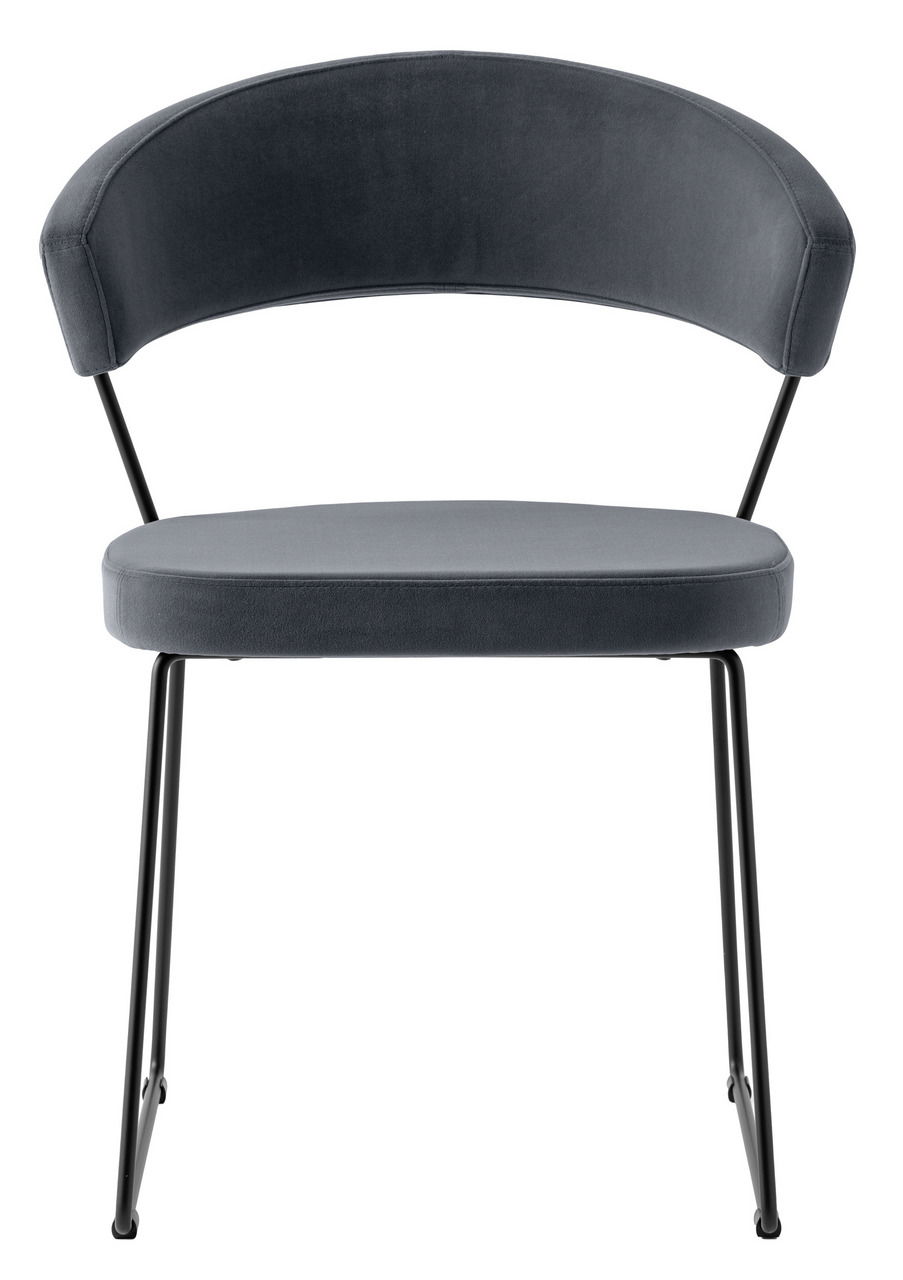 Moderner Stuhl mit schwarzem Metallgestell und grauem Polstersitz, Frontalansicht