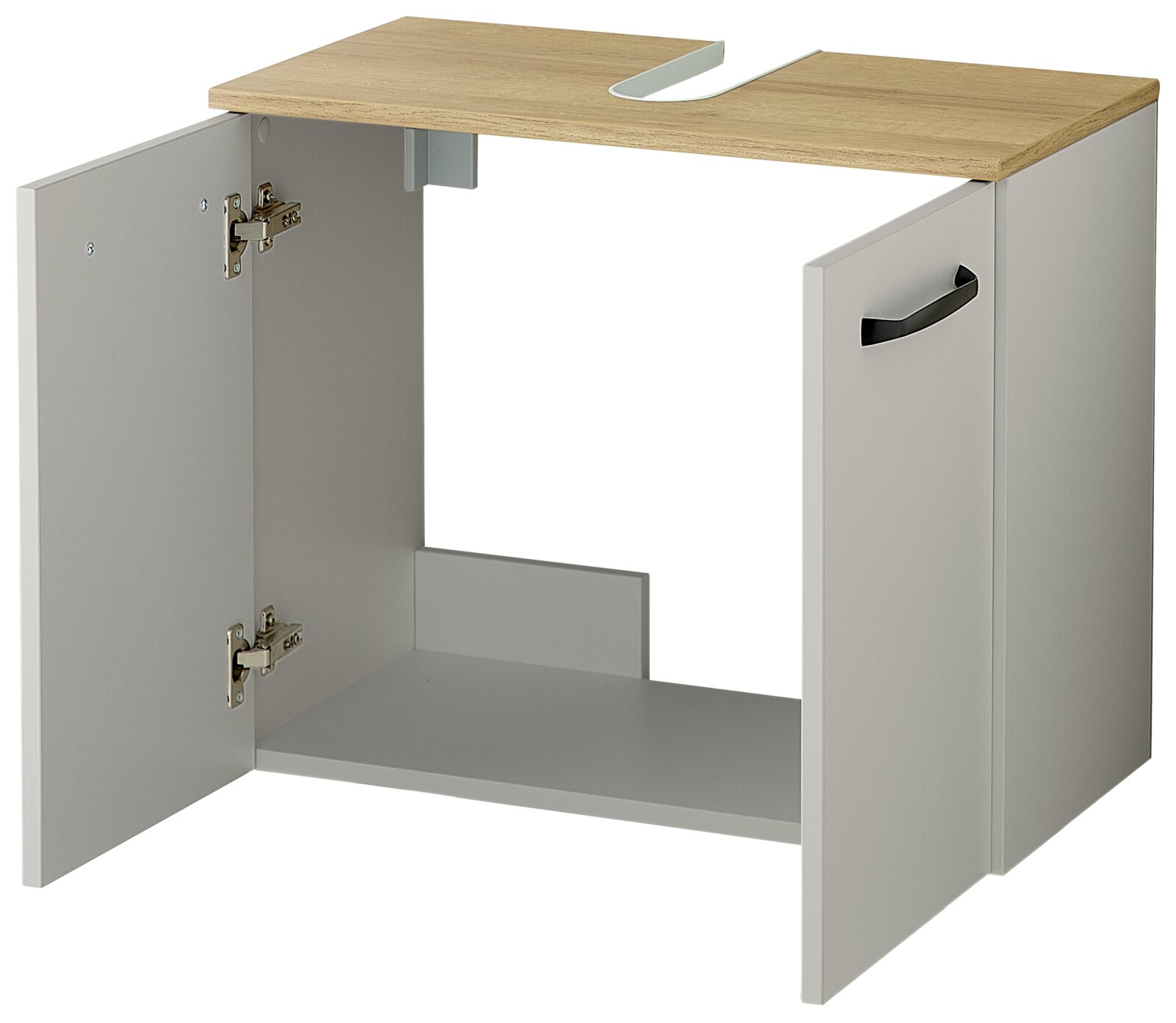 XORA Waschbeckenunterschrank QS500 Waschbecken-Unterschrank in Weiß mit Holzoptik-Oberplatte und Ausschnitt für Siphon, linke Tür geöffnet, rechte Tür mit schwarzem Griff, Ansicht schräg von vorne
